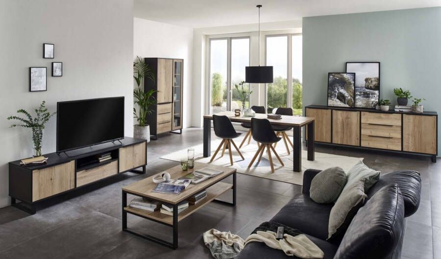 Woonexpress Vitrinekast Zundert Naturel MDF Antraciet wild Eiken Structuur 148x91x40cm (hxbxd)