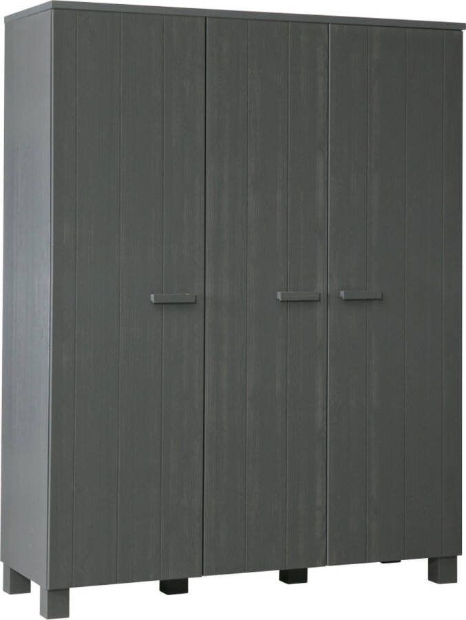 WOOOD | Dennis 3-deurs Kast Grenen Steel Grey Geborsteld | Slaapkamerkasten | KledingkastLinnenkast