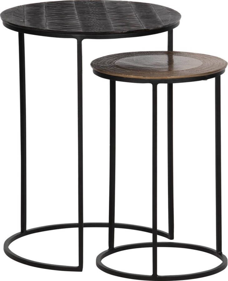WOOOD Exclusive WOOOD Bijzettafel Tate Set van 2 stuks Dark Brown Antique Brass Rond