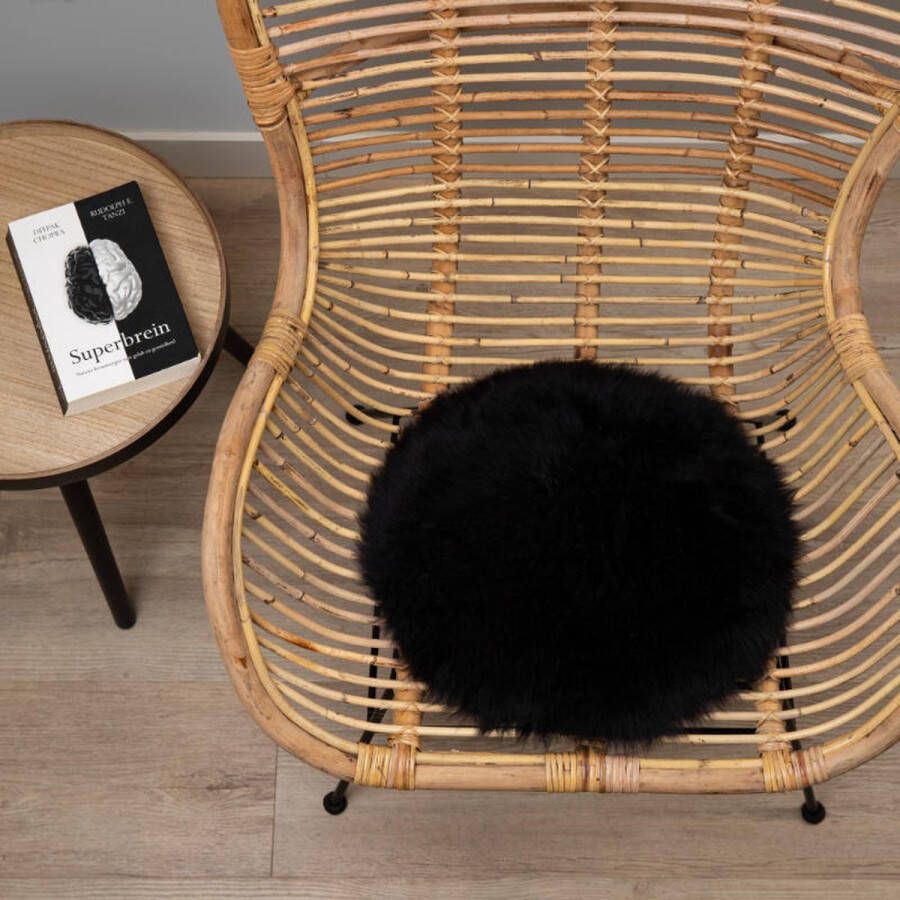 WOOOL Schapenvacht Chairpad Australisch Zwart (38cm) ROND Stoelkussen 100% Echt Eenzijdig