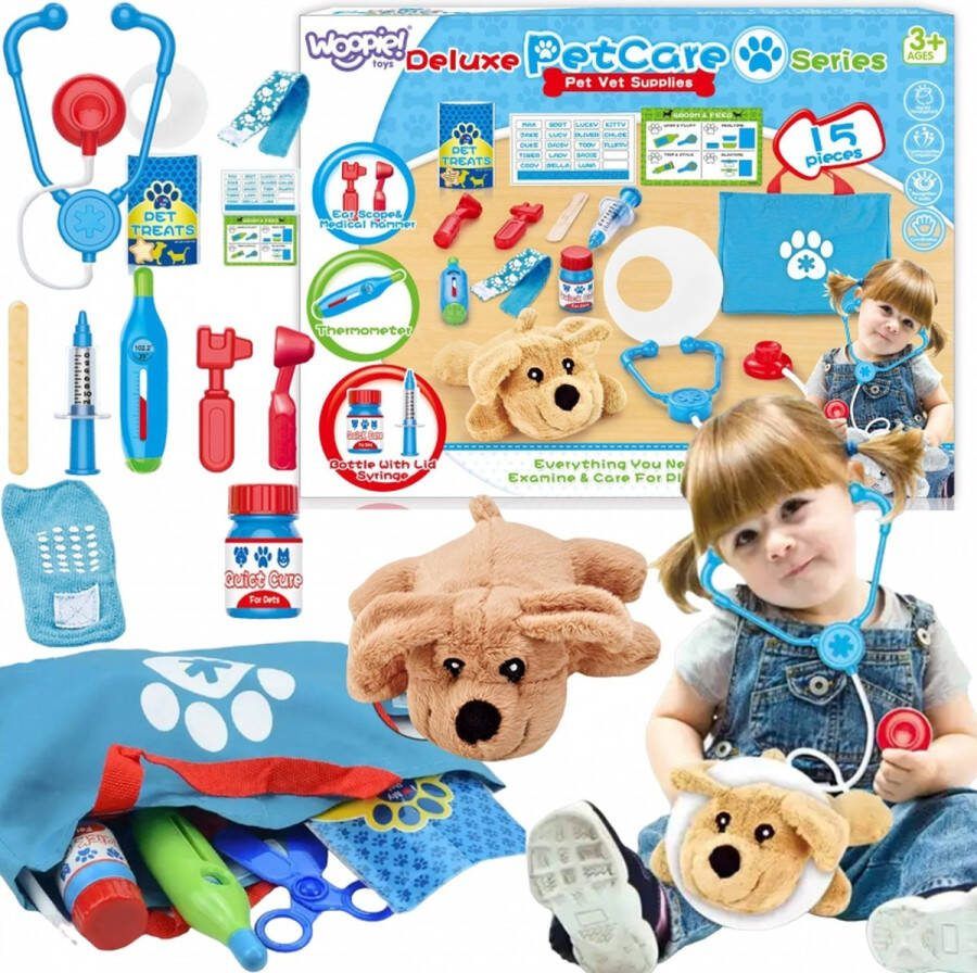 WOOPIE dierenarts speelgoed dokter speelgoed hond inclusief knuffel & tas 15 stuks
