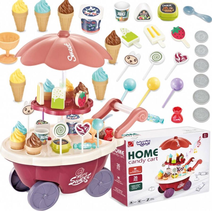 WOOPIE Winkelwagen met ijs en snoep inclusief 36 accessoires Speeltafel Inclusief geluid en licht Rollenspel