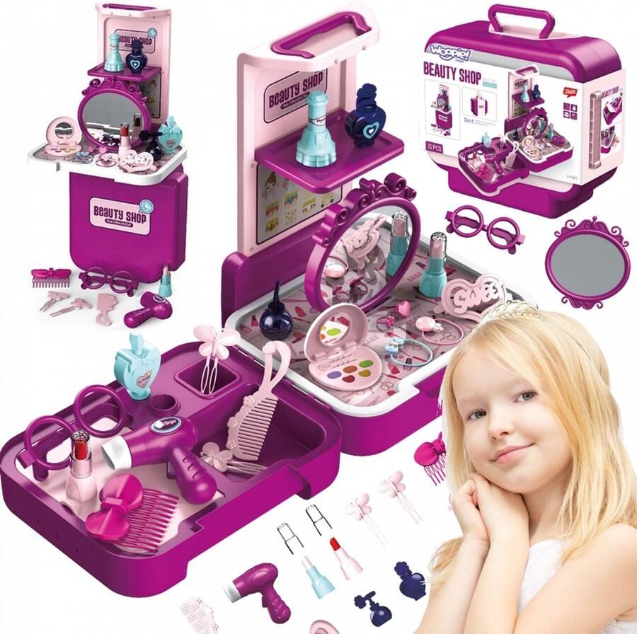 WOOPIE make up koffer meisjes Speelgoedmake-up Make up kit 32 PCS Makkelijk mee te nemen Speelgoed met cosmetica koffer