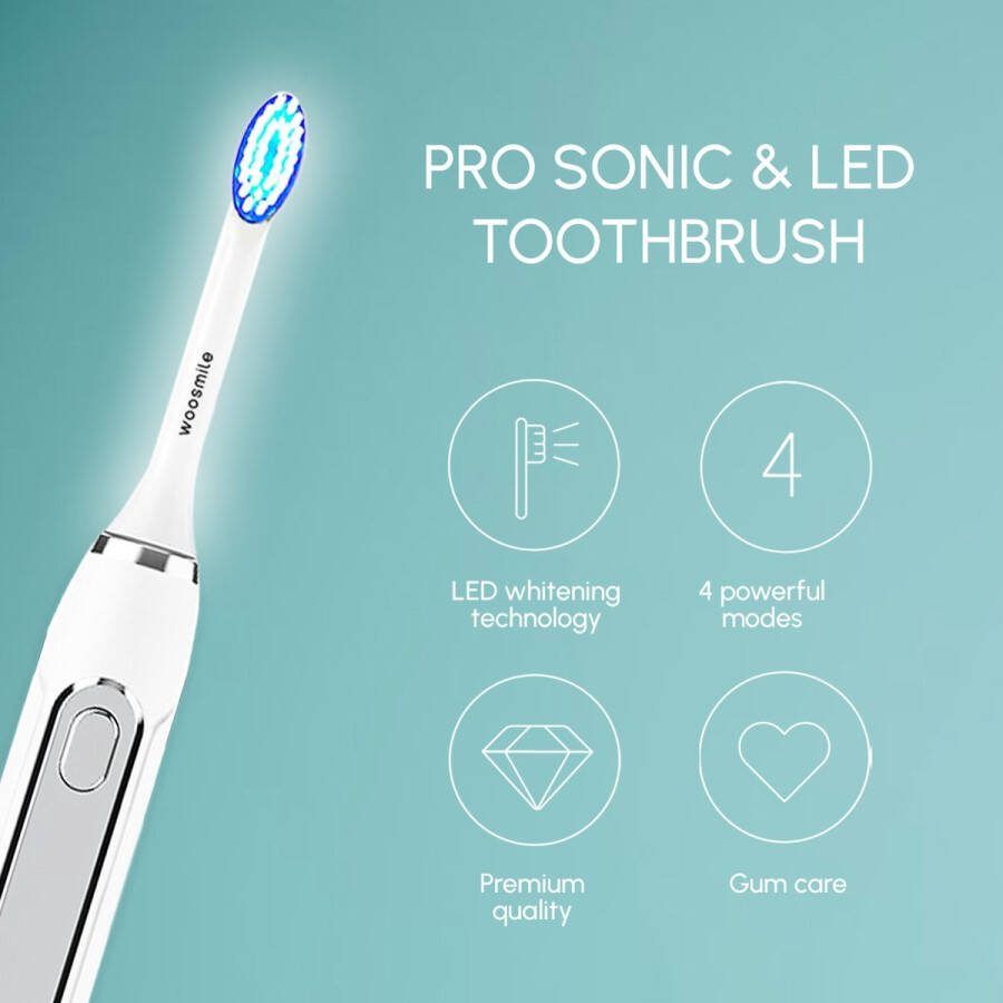 WOOSMILE elektrische tandenborstel SONISCH & LED technologie voor wittere tanden 2 opzetborstels 40000 Bewegingen per minuut Batterij met lange levensduur 4 Poetsopties Tandvleesverzorging timer