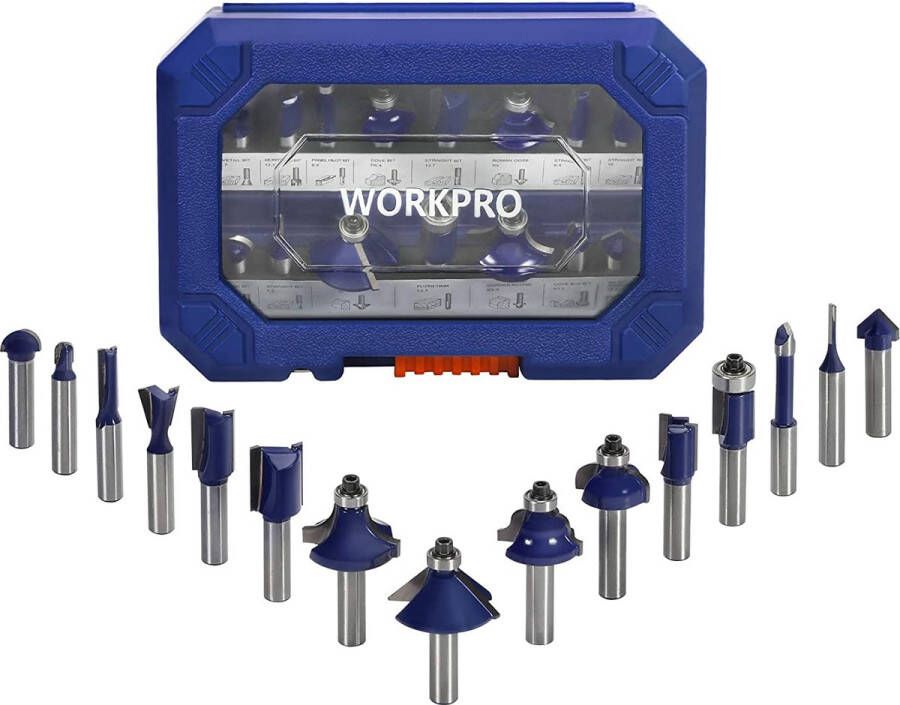 Workpro 15 delige freesset schacht 8 mm bovenfrees accessoires voor hout met opbergkoffer