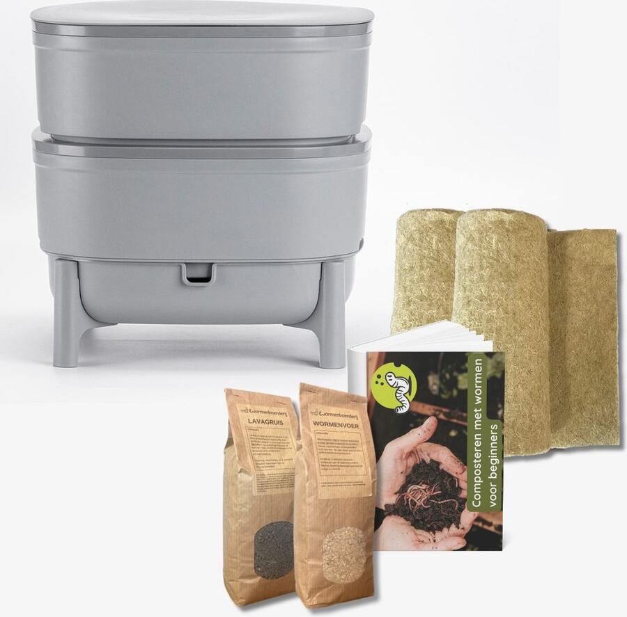 Wormenboerderij Wormenhotel inclusief lavagruis wormenvoer hennepmatten en paperback composteren 30L 100% Gerecycled kunststof Wormenbak Wormentoren Compostbak