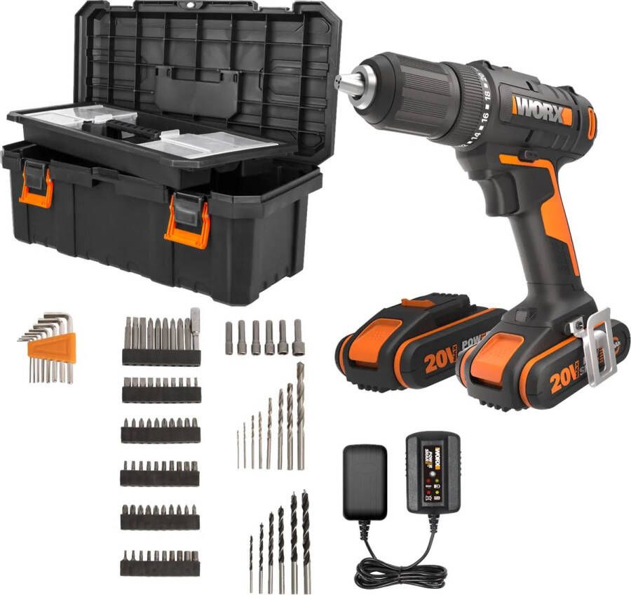 Worx WX108.1 Accuklopboormachine 2 Batterijen 20 V 2.0 Ah box met 88 accessoires