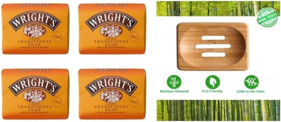 Wrights Wright's Koolteer Traditionele Zeep -Pack van 4 met Sanitral Natuurlijke Houten Bamboe Zeepbakje Opslaghouder-Reinigingsset