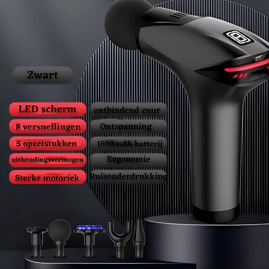 WT.G Massage gun – Professioneel 5 Opzetstukken – Inclusief Koffer– 8 standen Oplaadbaar – Zwart – 1800mAh Batterij – Touch Screen – Massage & Ontspanning – Sport & Relax