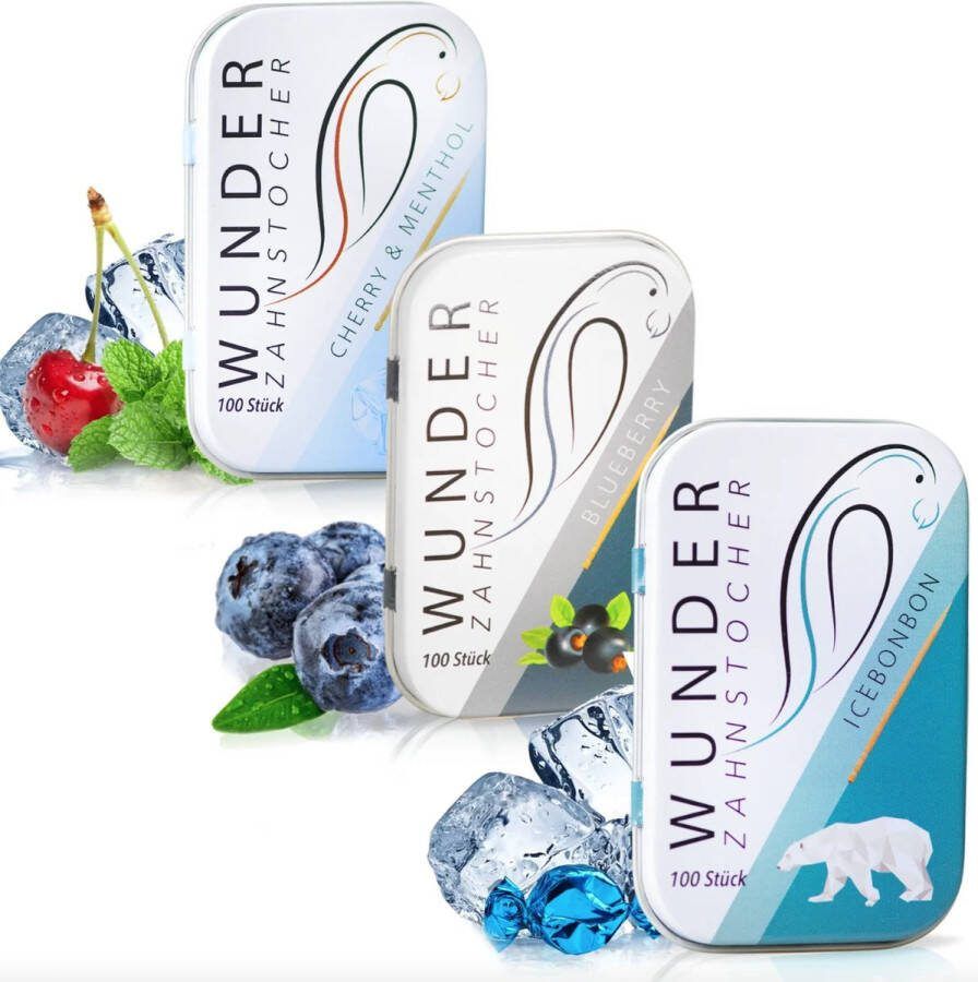 Wunder Zahnstocker Wonder Tandenstokers Tandenstoker met smaak Sensationele smaakbeleving Verfris de Adem Suikervrij Assorti Bos Kers Ice