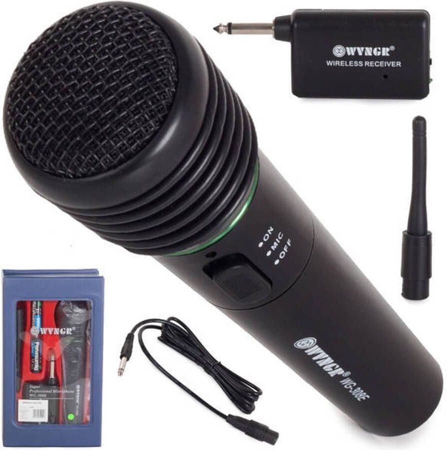 WVNGR Karaoke microfoon op kabel en draadloos inclusief receiver zwart inclusief batterijen leuk voor feestjes en partijen gemakkelijke aansluiting 30 meter bereik klein formaat