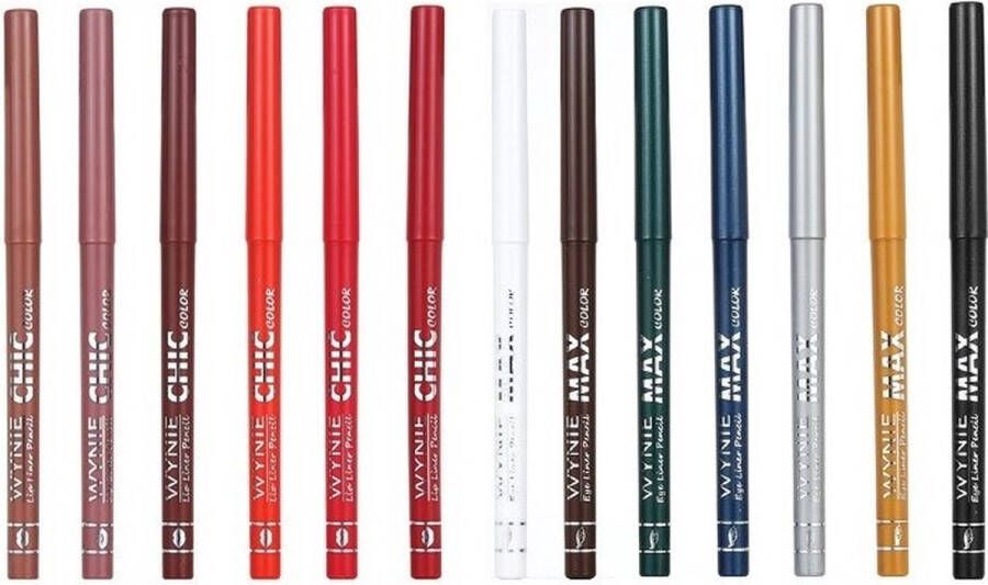 Wynie – MAX en CHIC Color Set met 13 kleuren Oogpotlood en Lippotlood draaibaar Automatic Eye and Lip Liner Pencil Zilver Goud Zwart Bruin Wit Groen Blauw Rood Bruin Roze