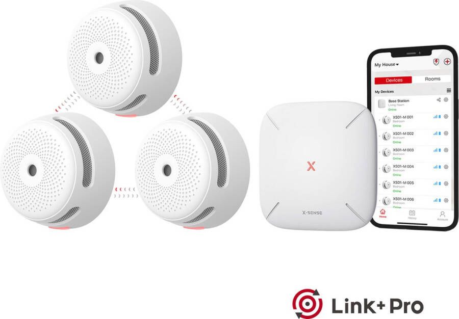 X-sense Link+ Pro Slimme Rookmelder bundel 3 XS01-M Rookmelders en SBS50 Base Station Werkt via app WiFi gateway Draadloos RF koppelbaar Brandalarm Smart home