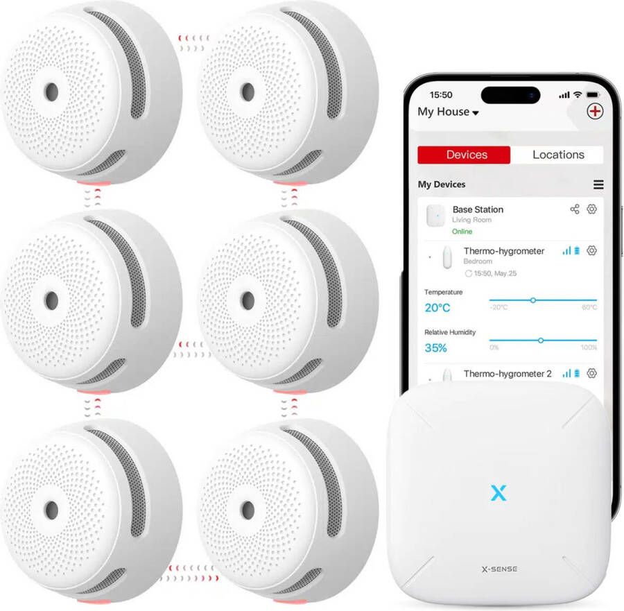 X-sense Link+ Pro Slimme Rookmelder bundel 6 XS01-M Rookmelders en SBS50 Base Station Werkt via app WiFi gateway Draadloos RF koppelbaar Brandalarm Smart home