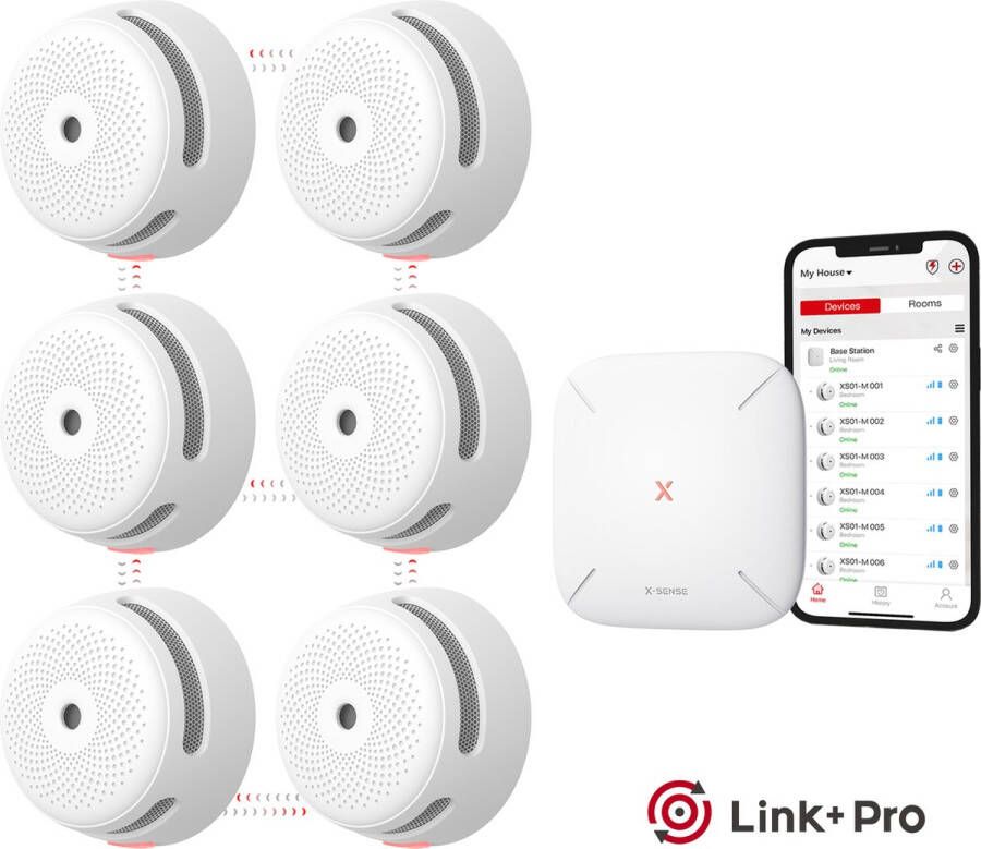 X-sense Link+ Pro Slimme Rookmelder bundel 6 XS01-M Rookmelders en SBS50 Base Station Werkt via app WiFi gateway Draadloos RF koppelbaar Brandalarm Smart home