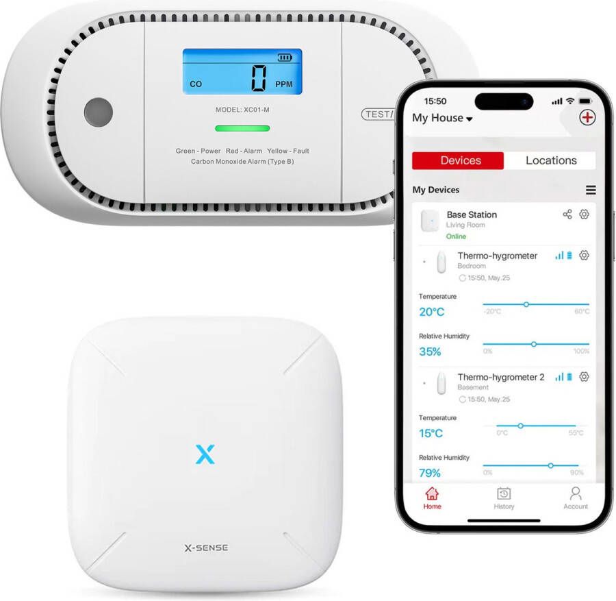 X-sense Slimme koolmonoxidemelder bundel met WiFi 1 XC01-M CO melder en 1 SBS50 Base Station Link+ Pro Werkt via app Draadloos RF koppelbaar LCD Display