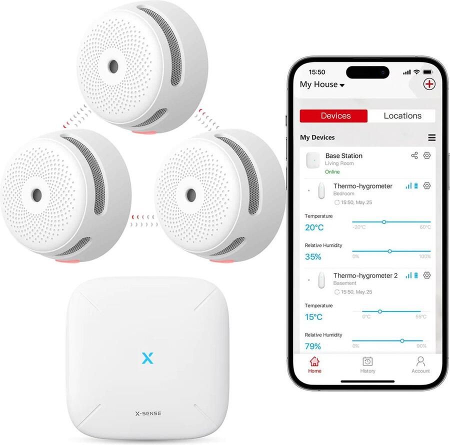 X-sense Link+ Pro Slimme Rookmelder bundel 3 XS01-M Rookmelders en SBS50 Base Station Werkt via app WiFi gateway Draadloos RF koppelbaar Brandalarm Smart home