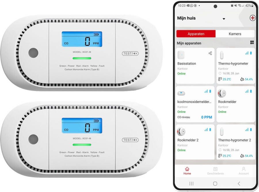 X-sense XC01-M Slimme koolmonoxidemelder met WiFi 2 Koolmonoxidemelders Link+ Pro Werkt via app Draadloos RF koppelbaar LCD Display CO melder