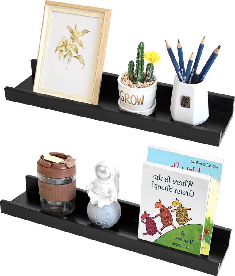 XD&L 40 Serie Fotolijstplanken Set van 2 Zwevende Wandplank 40 cm Fotolijst Planken Zwart Fotodisplay Met Bevestigingsmateriaal- MDF Premium Hout 40 x 11.9CM Zwart