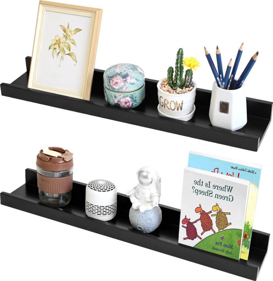 XD&L 60 Serie Fotolijstplanken Set van 2 Zwevende Wandplank 60 cm Fotolijst Planken Zwart Fotodisplay Met Bevestigingsmateriaal- MDF Premium Hout 60 x 11.9CM Zwart