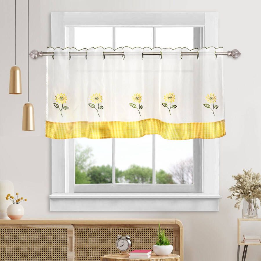 XD&L Gele serie Vitrage Kant Sheer White Short Curtain Fall Geborduurde Zonnebloem Sheer semi-transparant Gordijnroede (apart verkrijgbaar) 45×150cm