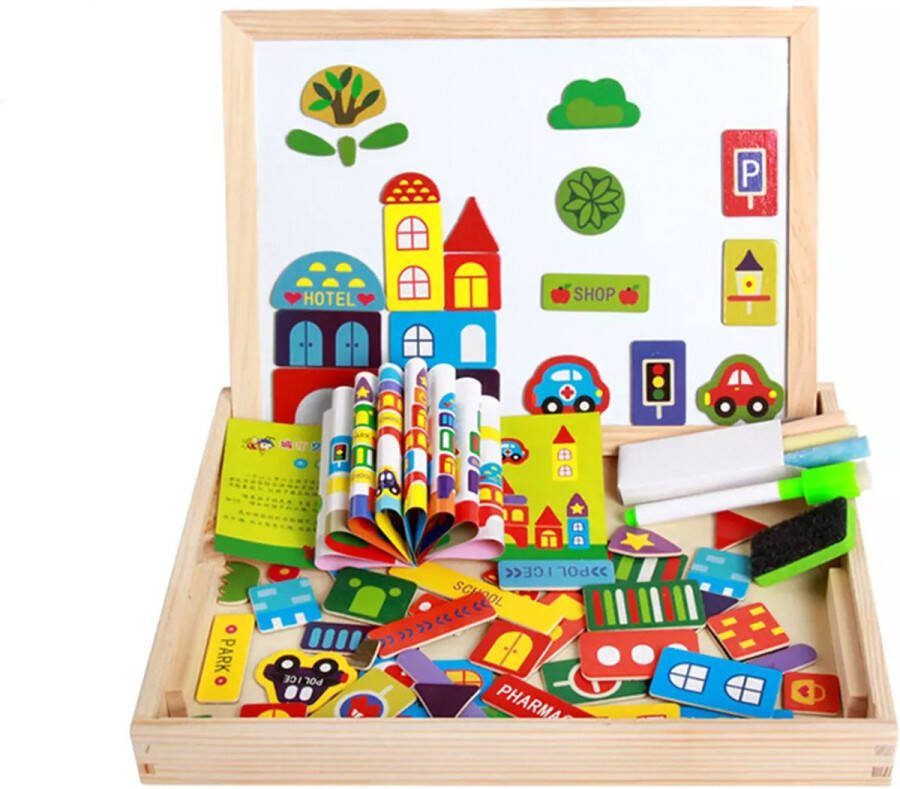 Xd Xtreme Xd Xtreme Magnetische stad en voertuigen puzzel & krijtbord Alles in 1 houten speelbox Multifunctioneel 71 stukken duurzaam eco vriendelijk