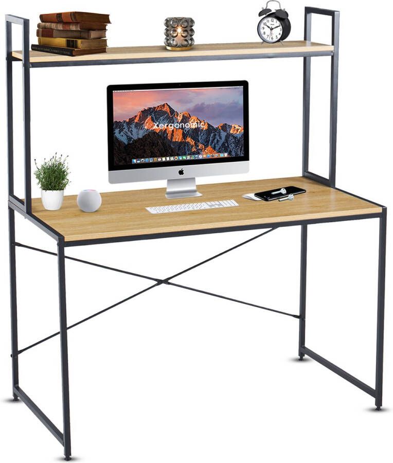 Xergonomic Industrieel bureau met plank – Stalen frame met houten bureaublad – Stevige laptoptafel – B120xD60xH140 cm- Zwart Naturel