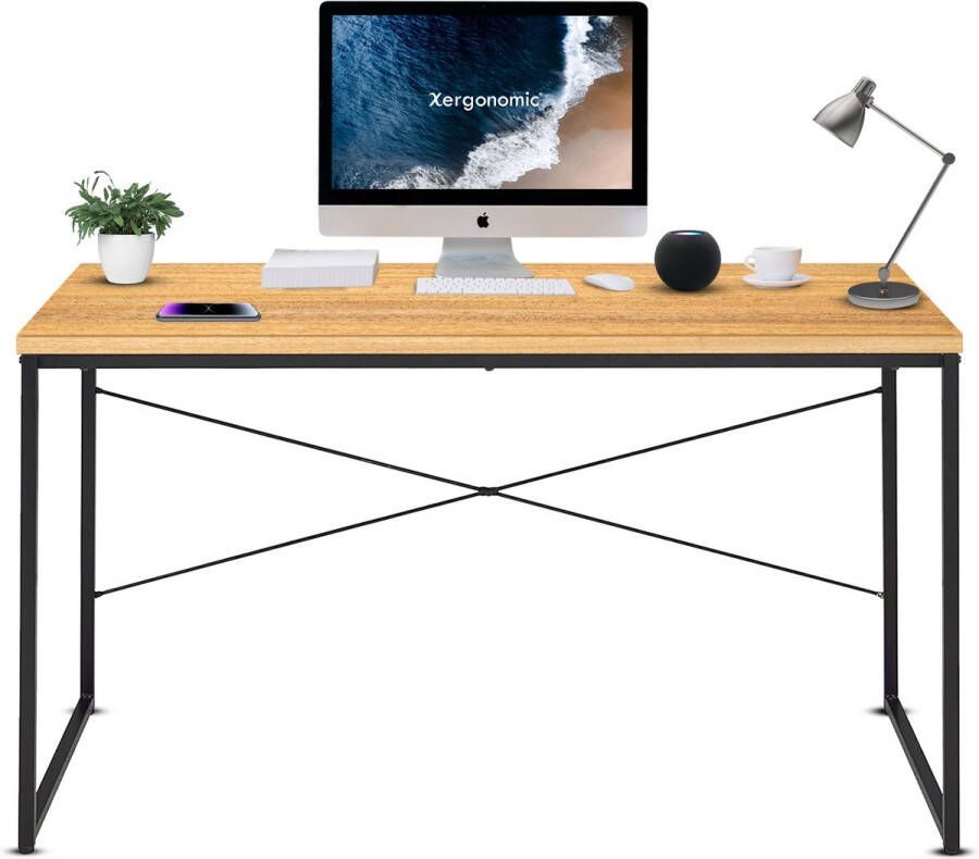 Xergonomic Industrieel bureau – Stalen frame met houten bureaublad – Stevige laptoptafel – 120x60x72 cm Zwart Naturel