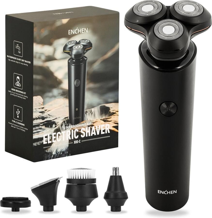 Xiaomi Enchen BlackStone Enchen Elektrische Scheerapparaat 5-in-1 Grooming Kit Tondeuse voor Mannen Gezichtsreinigingsborstel Precisietrimmer Neus- en oortrimmer Gezichtsmassageborstel Zwart