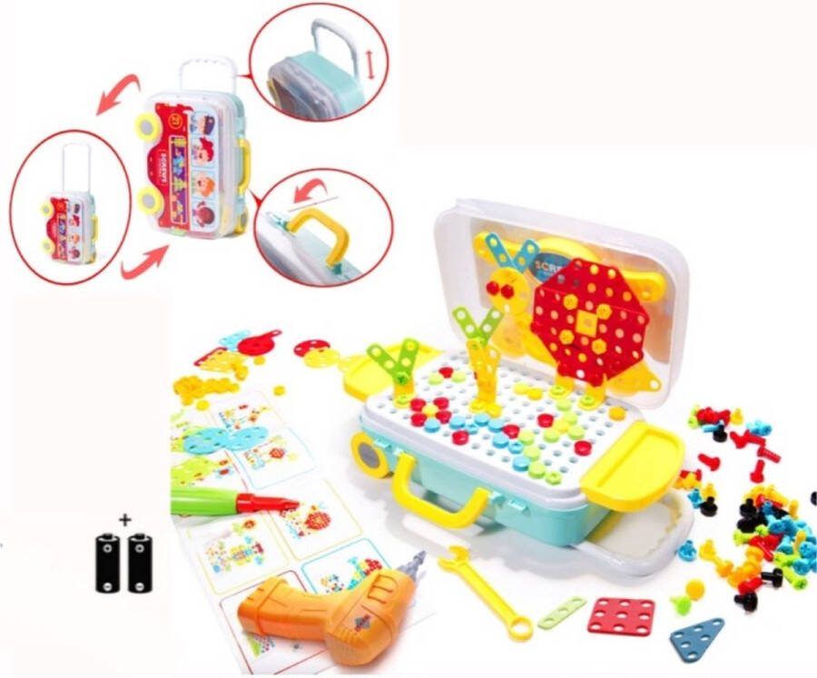 Xiaoshuanghe 260 delig 3D Puzzel Constructie Bouw Speelgoed Mozaïek met Elektrische Schroef Boor Machine & Batterijen Bouwonderdelen Creatieve 2D 3D Puzzel met Werkende Boormachine & Gereedschapskoffer Speelgoedgereedschapskoffer met Mozaïekbord