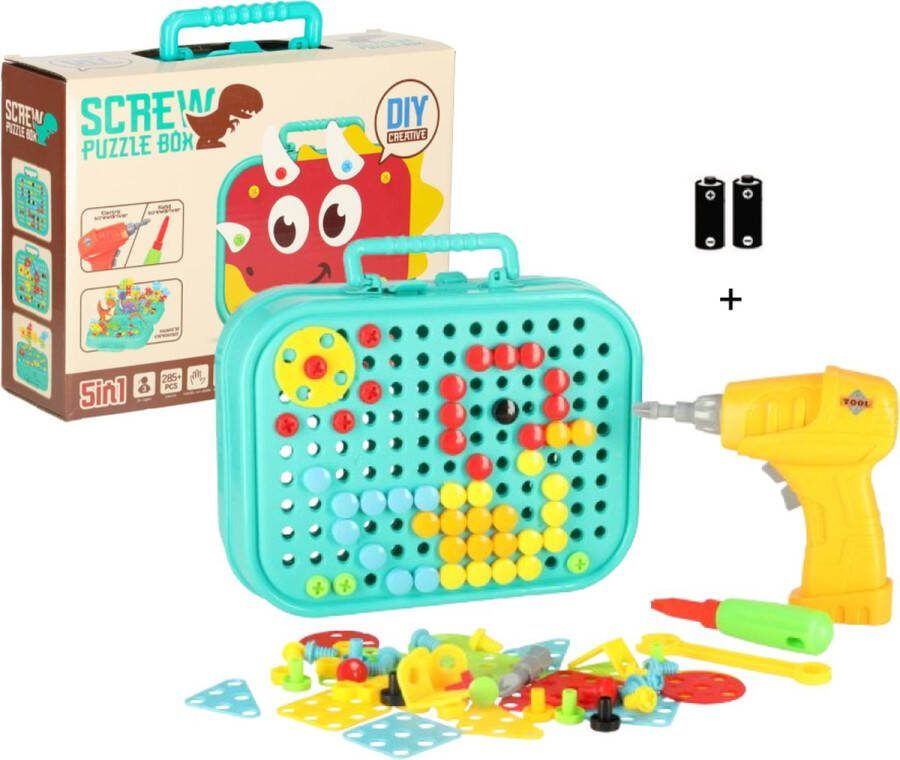 Xiaoshuanghe 285-delig 3D Puzzel Constructie Bouw Speelgoed in Dino Thema Mozaïek met Elektrische Schroef Boor Machine & Batterijen Bouwonderdelen Creatieve 2D 3D Puzzel Gereedschapskoffer Speelgoedgereedschapskoffer met Mozaïekbord