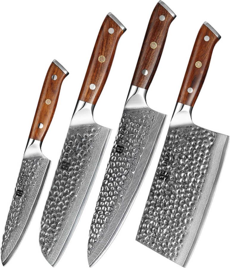 Xinzuo 4-delige set met Damascus stalen messen (gehamerd) Woestijnijzerhout B13D hakmes + koksmes + santokumes + groentemes