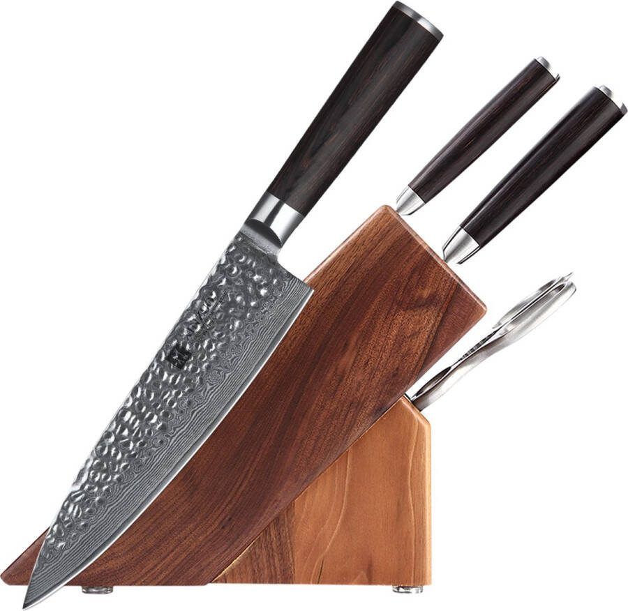 Xinzuo B1H Series – Messenset 5-delig Professioneel Gehamerd Damascus staal (67 laag met kern van 10Cr15CoMoV) Vlijmscherp Messenset inclusief messenblok keukenschaar en geschenkdoos