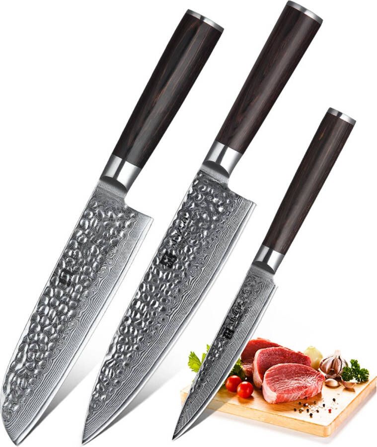 Xinzuo B1H Series Set van 3 messen Professioneel Gehamerd Damascus staal (67 laag met kern van 10Cr15CoMoV) Vlijmscherp Messenset inclusief geschenkdoos