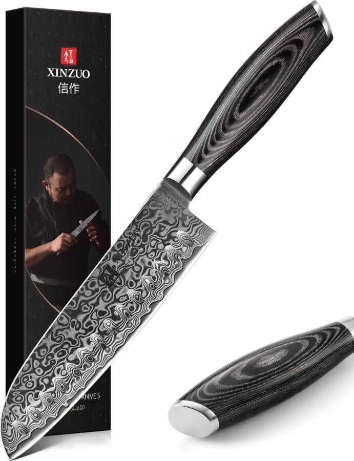 Xinzuo Damascus 7 Santokumes (67 lagen) | B20 | Luxe & Professioneel | Vlijmscherp Damascus staal | 31.5 cm Keukenmes met lemmet van 18 cm | met Pakka-houten handvat