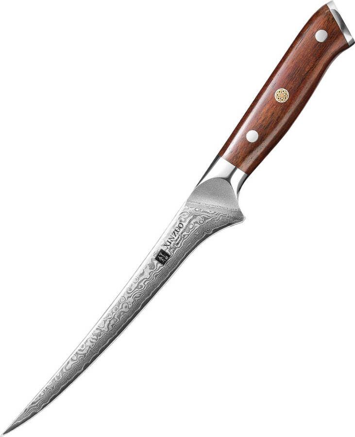 Xinzuo Damascus Fileermes Vismes (67 lagen) B13R Yu Luxe & Professioneel Vlijmscherp Damascus staal Dun & flexibel fileermes met lemmet van 18 cm met Rozenhouten handvat