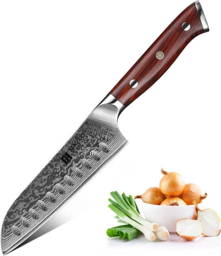 Xinzuo Damascus Santokumes 5 Inch (67 lagen) B13R Yu Luxe & Professioneel Vlijmscherp Damascus staal Klein santokumes van 24 cm met rozenhouten handvat