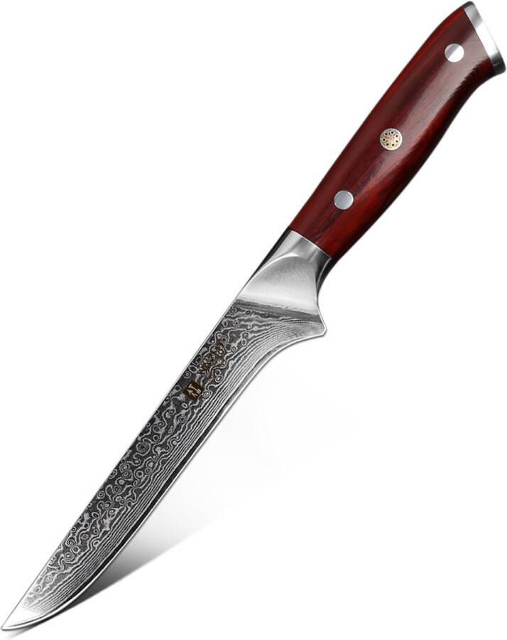 Xinzuo Damascus Uitbeenmes Fileermes Vismes (67 lagen) | B13 Yu | Luxe & Professioneel | Vlijmscherp Damascus staal | Fileermes met lemmet van 15 cm | met Rozenhouten handvat