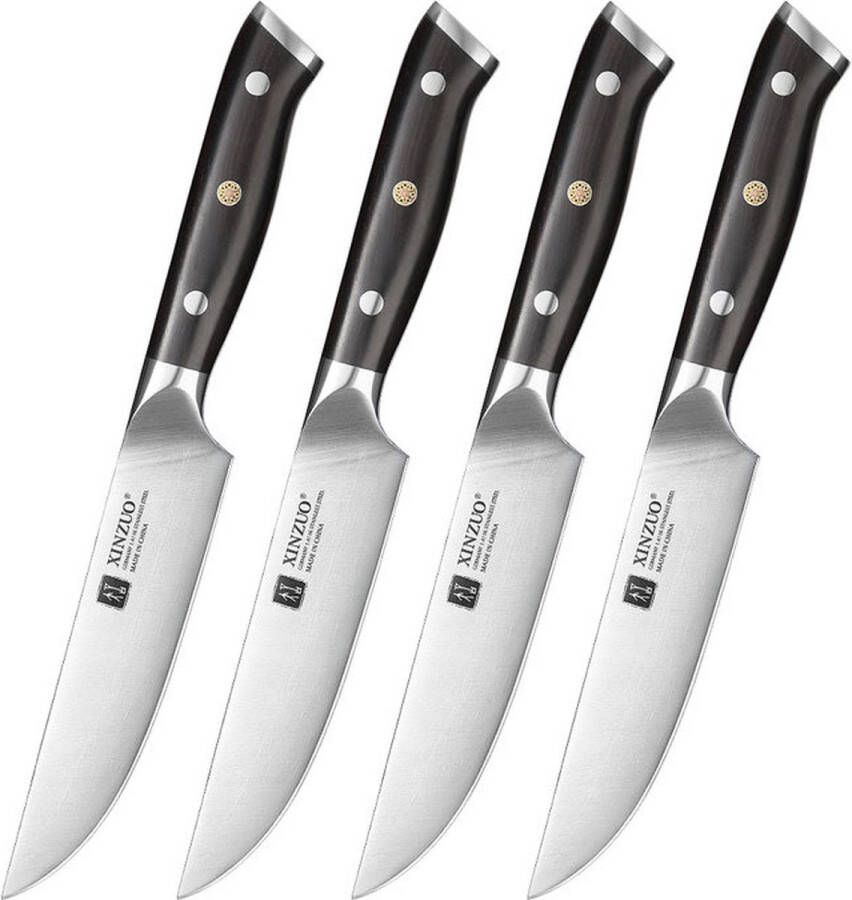 Xinzuo set van 4 Steakmessen B13S Series gemaakt van hoogwaardig Duits RVS Ebbenhouten handvaten Duurzaam en vlijmscherp