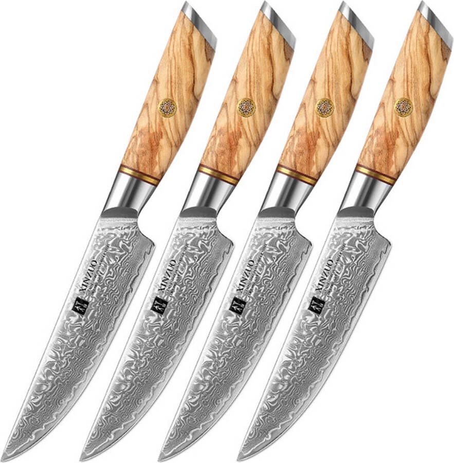 Xinzuo Steakmessen set van 73 laags Damascus staal Ongeëvenaarde scherpte en uniek design handvat van Olijfhout B37 Lan Series