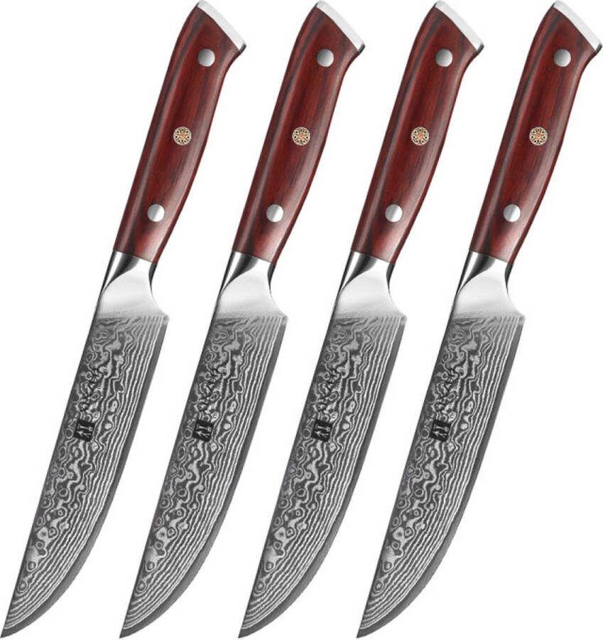Xinzuo steakmessen van Damaststaal 4-delige set Damascus Staal (67 lagen VG10) en Rozenhouten handgrepen B13R Yu