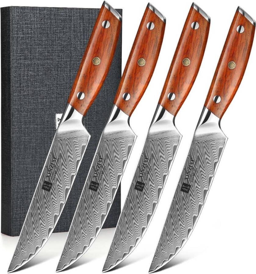 Xinzuo steakmessen van Damaststaal 4-delige set Damascus Staal (67 lagen VG10) en Rozenhouten handgrepen B27 Yi
