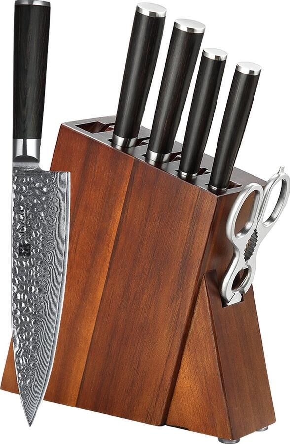 Xinzuo B1H Series – Messenset 7-delig Professioneel Gehamerd Damascus staal (67 laag met kern van 10Cr15CoMoV) Vlijmscherp Messenset inclusief messenblok keukenschaar en geschenkdoos
