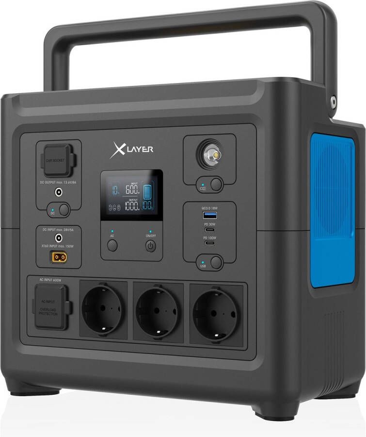 XLayer Powerstation 435.000mAh Noodstroomgenerator Camping – Outdoor Tent Draagbare Stroomgenerator Draagbaar Powerstation Powerbank Mobiele Huishoudvoorziening 230V Stopcontact USB-C PD 11 Aansluitingen – 1.000W (Piek 1.500)