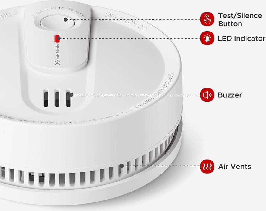 Xsense X-Sense rookmelder 10 jaar lithiumbatterijlevensduur brandalarm met LED-indicator SD2L0AX 2 stuks