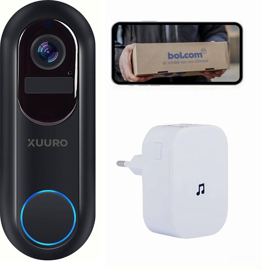 Xuuro Video Deurbel XVR 3800 Inclusief Binnenbel & 64GB SD-kaart Vaste Stroom of Batterijen Dag en Nachtmodus Geen Abonnement Dual-band Wifi T Ring Video deurbel met camera Werkt met Alexia en Google Home