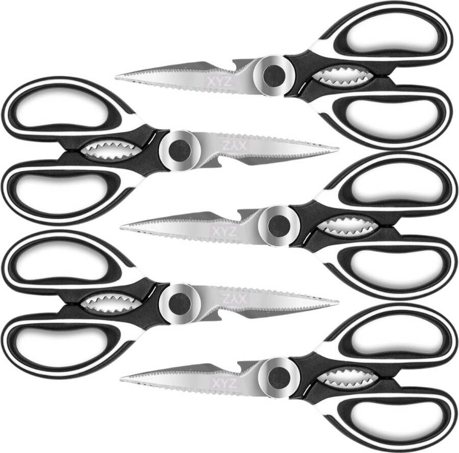 XYZ Goods Multifunctionele RVS keukenschaar Set van 5 Notenkraker Flessenopener Fileermes Huishoudschaar Linkshandig en Rechtshandig Vaatwasserbestendig Voor o.a. Kip Vlees Noten Gevogelte Papier Plastic Groente Beschermhoes Wit