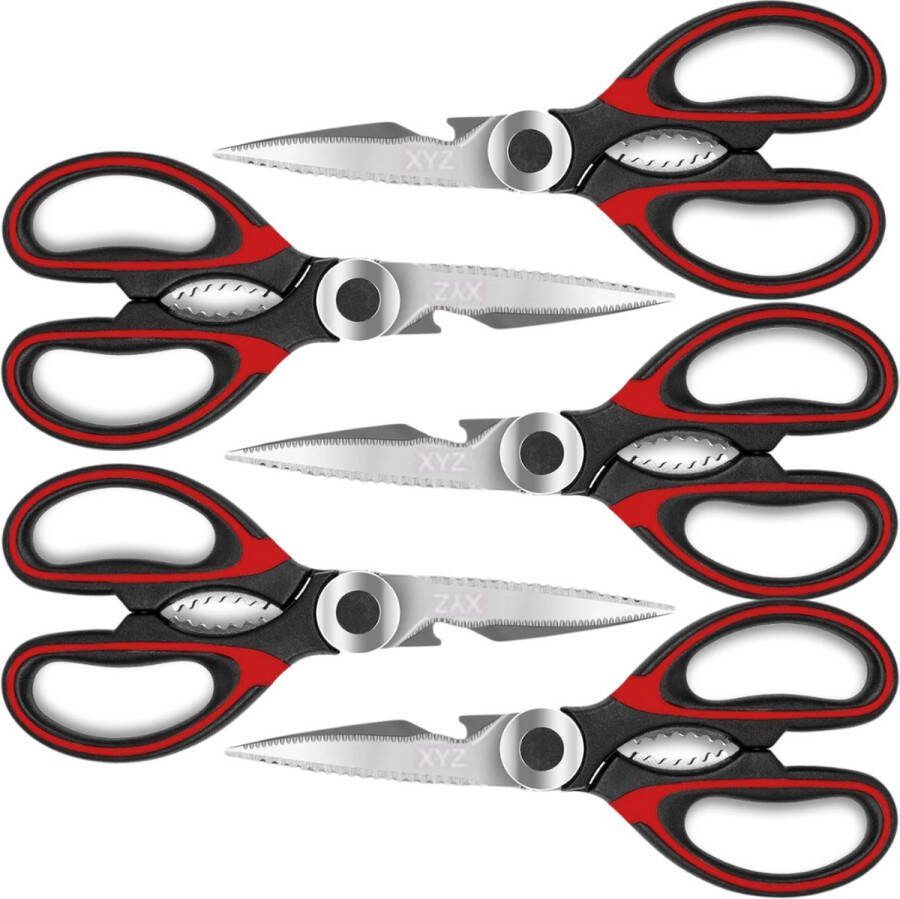 XYZ Goods Multifunctionele RVS keukenschaar Set van 5 Notenkraker Flessenopener Fileermes Huishoudschaar Linkshandig en Rechtshandig Vaatwasserbestendig Voor o.a. Kip Vlees Noten Gevogelte Plastic Groente Beschermhoes Rood