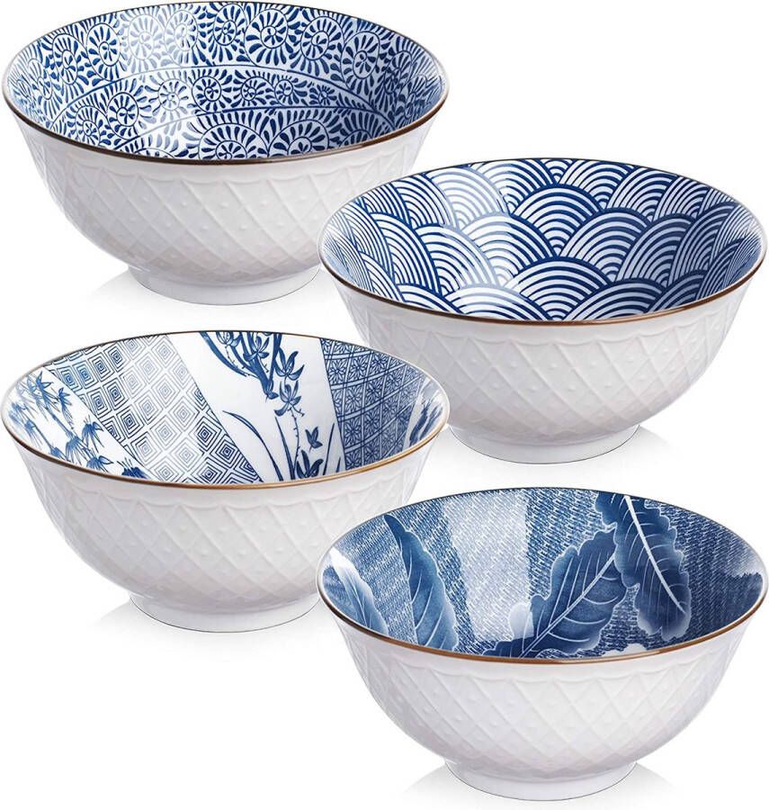 Y YHY Japanse stijl keramische kommen voor rijst soep salade snack fruit 24 oz 700ML Ramen Bowls magnetron & vaatwasmachinebestendig blauw witte patronen servies set van 4