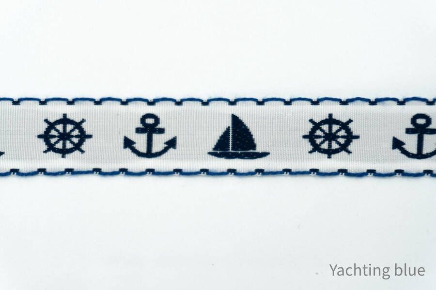 Yachting Blue Geweven sierband blauw bootjes band fournituren lengte 2 meter anker stuurwiel zeilboot lint stof afwerkband katoenen band naaien decoratieband